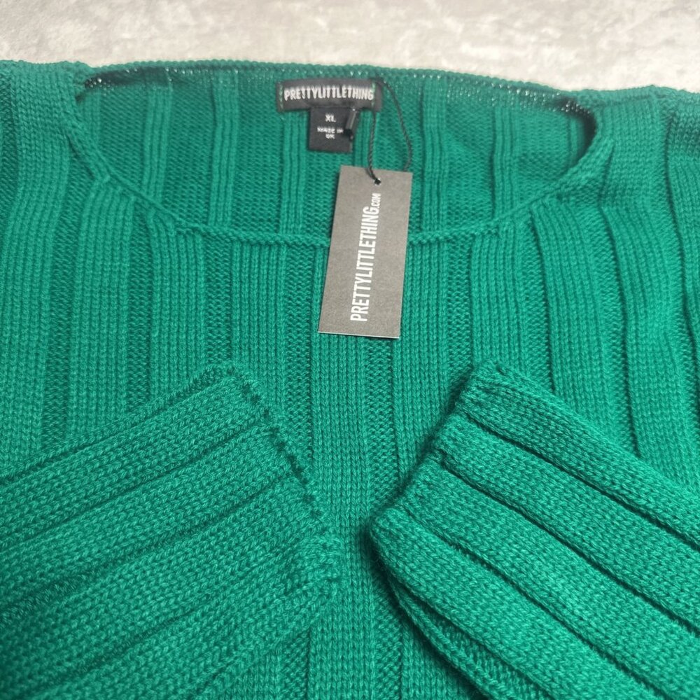 NWT~Pretty Little Thing  Sz XL Cropped Cable Knit Dip Hem Sweater KELLY GREEN - Picture 12 of 16
